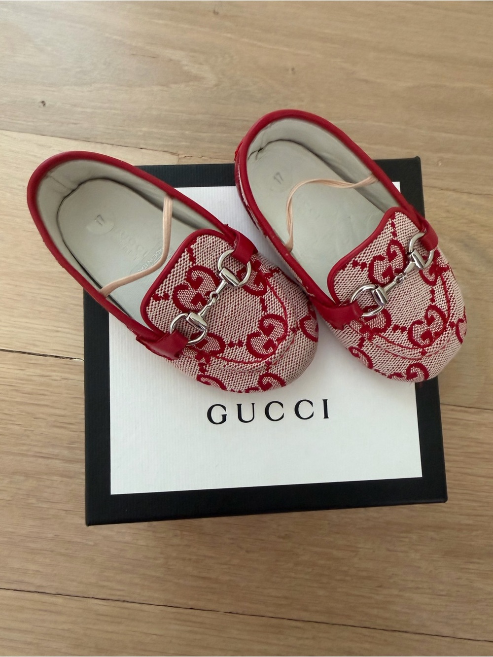 Gucci Kids Red Monogram Moccasins with Horsebit